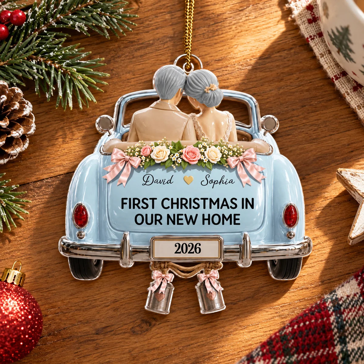 "First Christmas As Mr. & Mrs." Personalized Wedding Car Acrylic Ornament - Custom Gift for Newlywed Couples