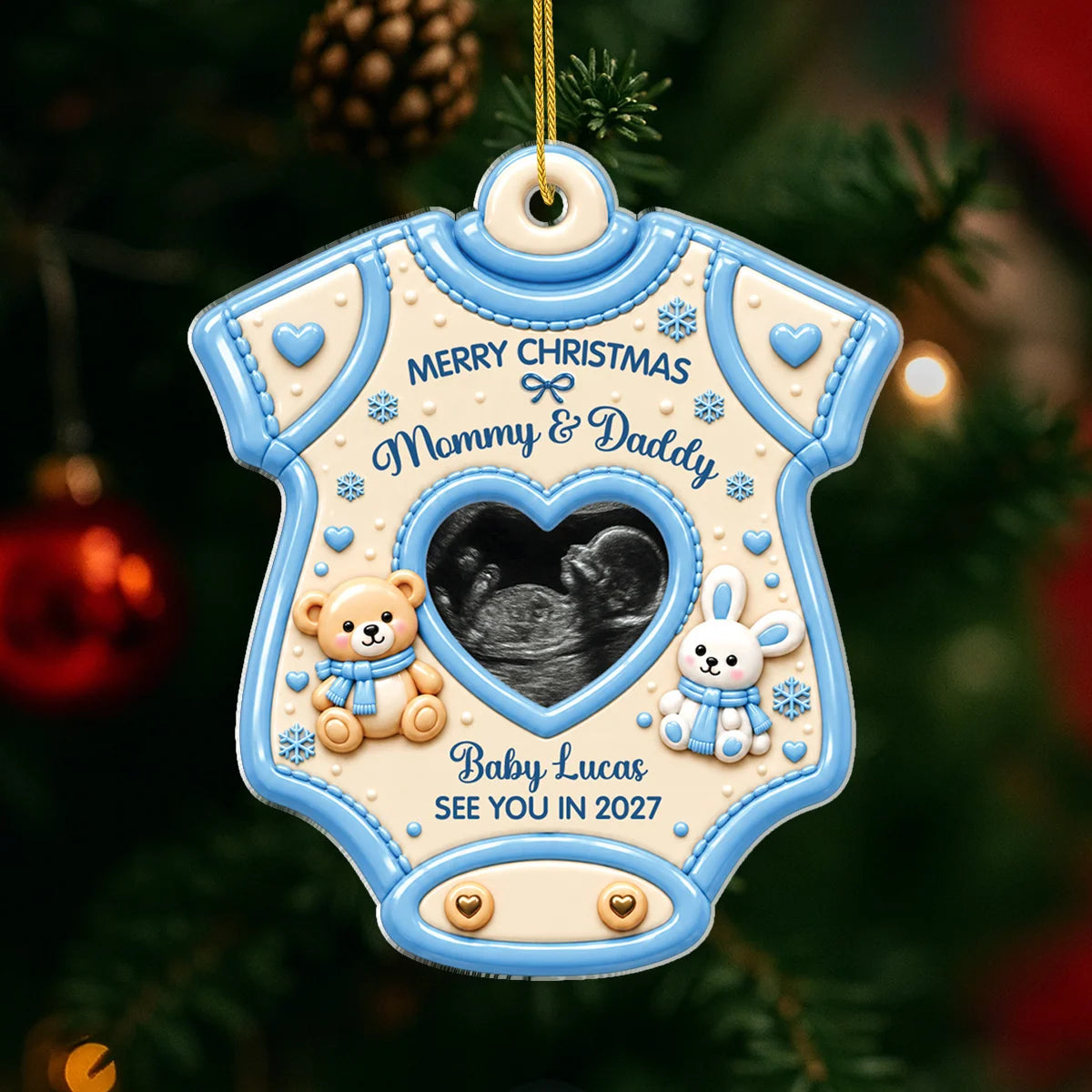 Merry Christmas Mommy & Daddy - Custom Baby Ultrasound Photo Onesie Acrylic Ornament