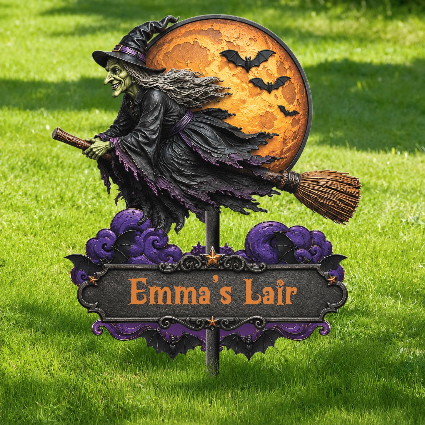 Personalized Halloween Yard Stake Flying Witch Metal Garden Sign - Custom Outdoor Decor