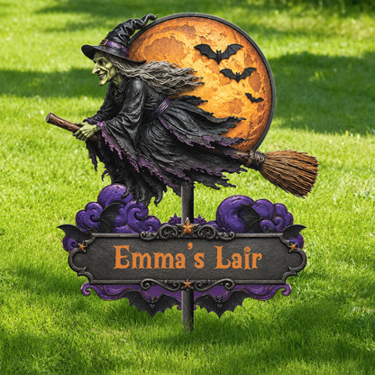 Personalized Halloween Yard Stake Flying Witch Metal Garden Sign - Custom Outdoor Decor