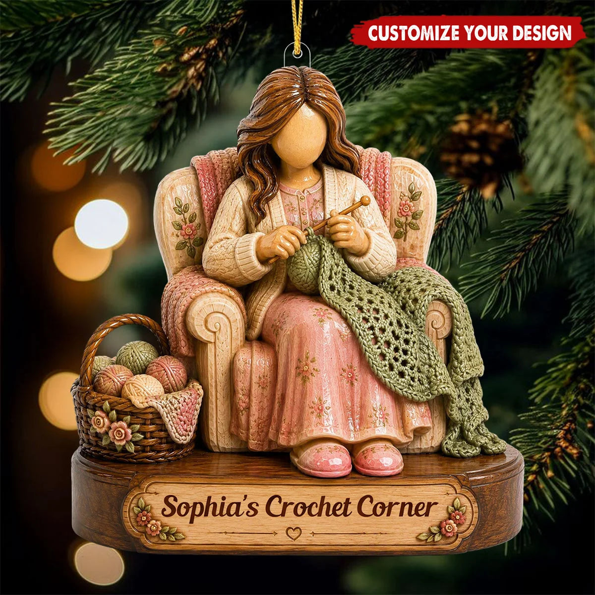 Custom Crochet Corner Wooden Ornament - Personalized Yarn Lover Christmas Gift