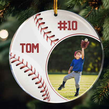 Custom Baseball Photo Ornament for Son/Grandson with personalized design details for meaningful gifting