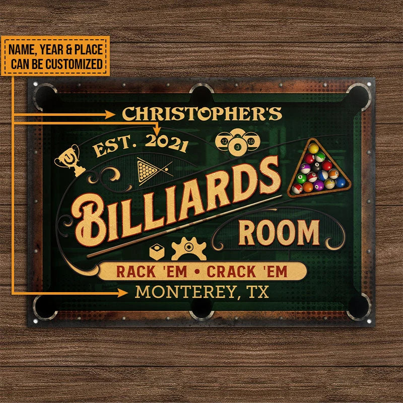 Rack 'Em Crack 'Em Personalized Billiards Metal Sign - Custom Game Room Wall Decor