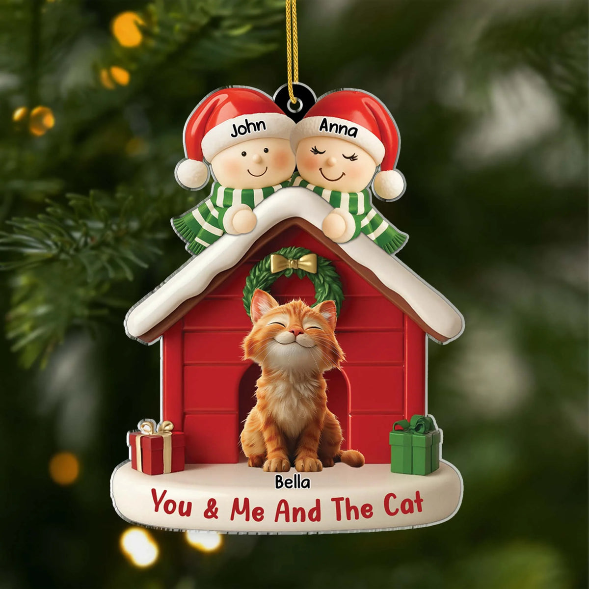 You & Me And The Cat Personalized Couple Acrylic Ornament - Christmas Keepsake for Cat Lovers