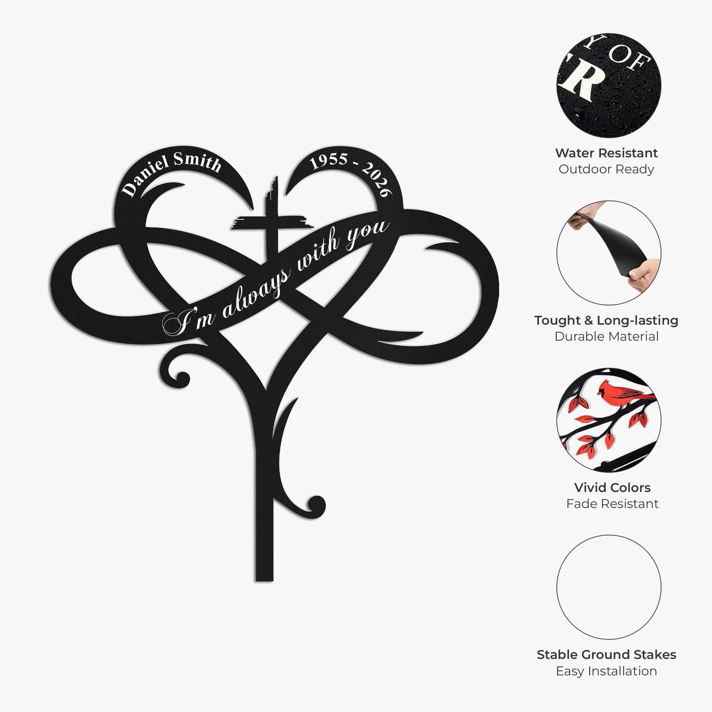"I'm Always With You" Personalized Memorial Metal Garden Stake - Custom Infinity Heart Cross Remembrance Gift