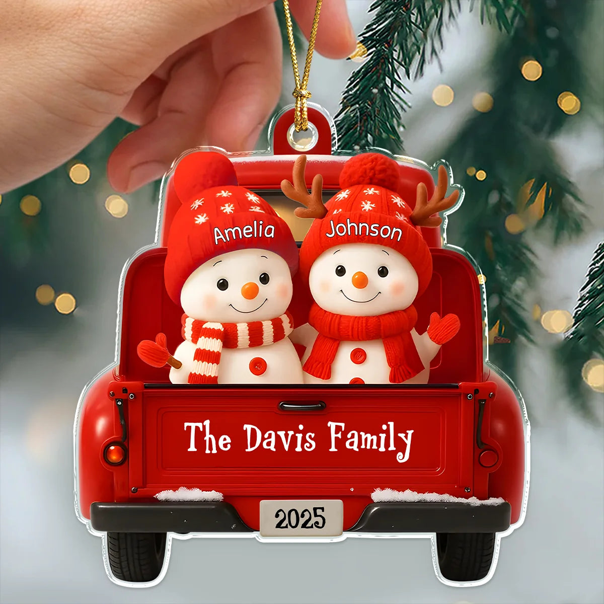 Personalized Snowman Family Red Truck Ornament - Custom Christmas Acrylic Keepsake for Family
