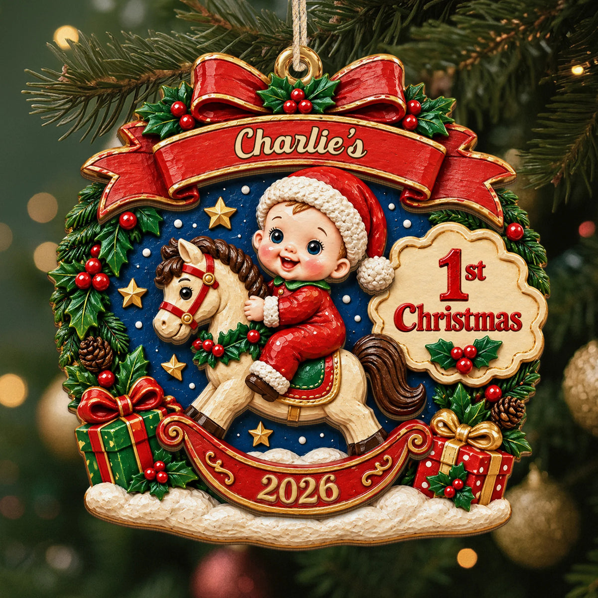 Baby's 1st Christmas Personalized Wooden Ornament - Custom Rocking Horse Keepsake for Newborns & Holiday Tree Decor