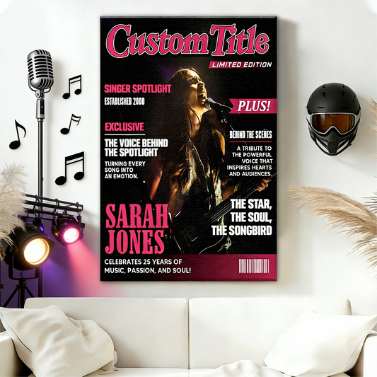Personalized singer magazine cover poster canvas print on a living room wall featuring custom pop star layout style art