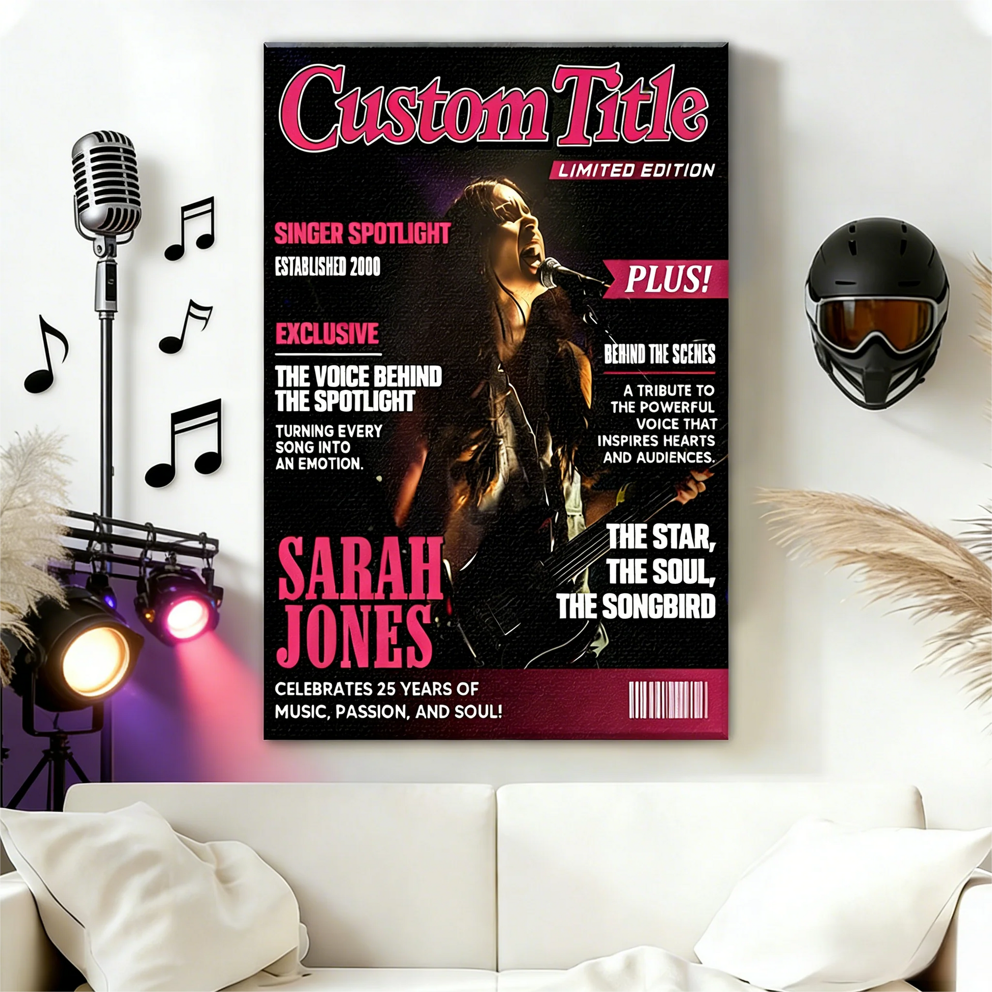 Personalized singer magazine cover poster canvas print on a living room wall featuring custom pop star layout style art