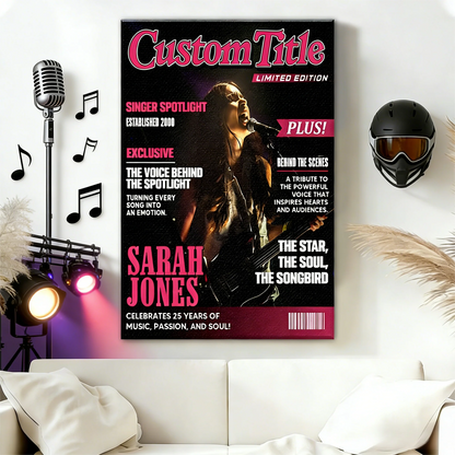 Personalized singer magazine cover poster canvas print on a living room wall featuring custom pop star layout style art