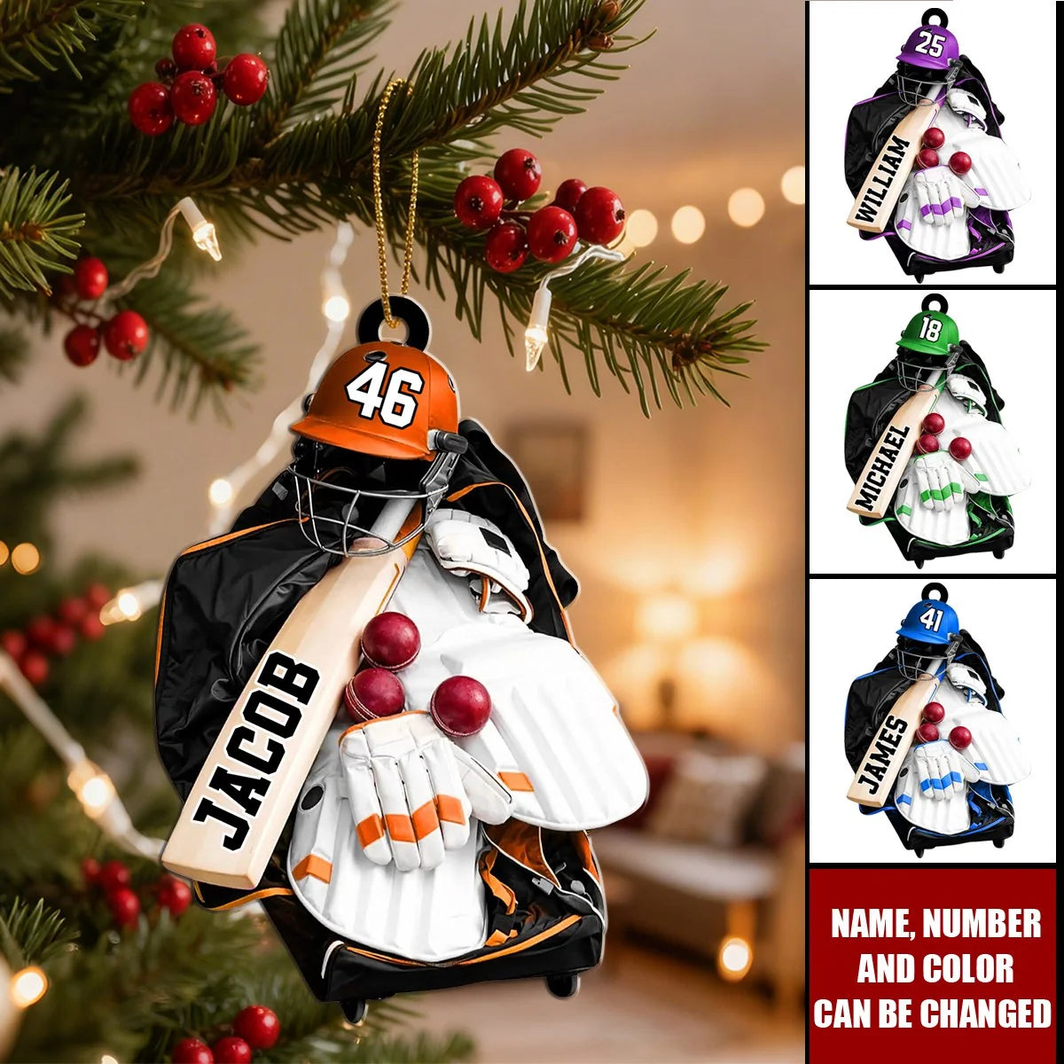 Personalized Cricket Christmas Ornament - Custom Name & Number Wooden Sports Keepsake for Cricket Players and Sons