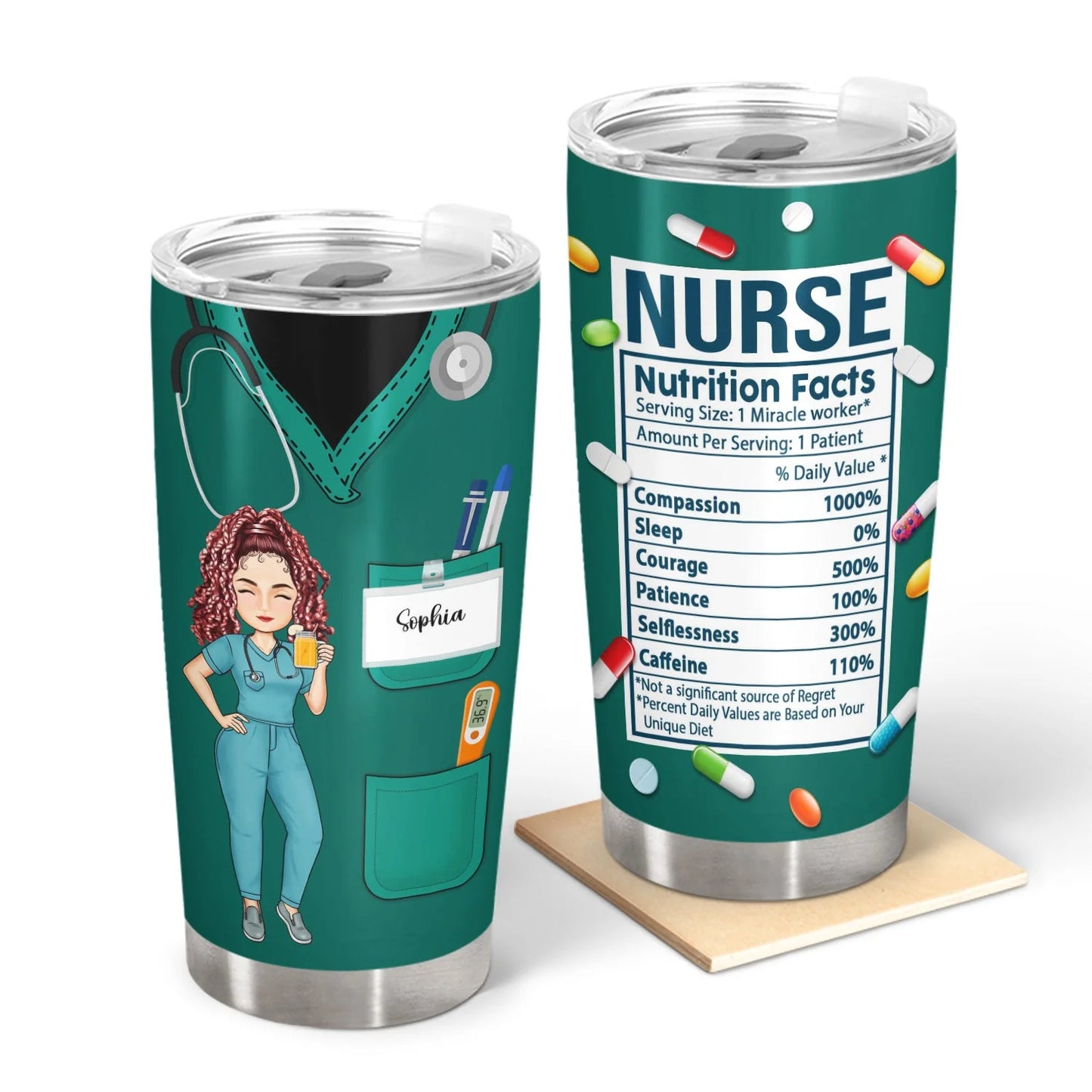 Personalized nurse tumbler with custom scrub avatar and Nurse Nutrition Facts print for nurse appreciation