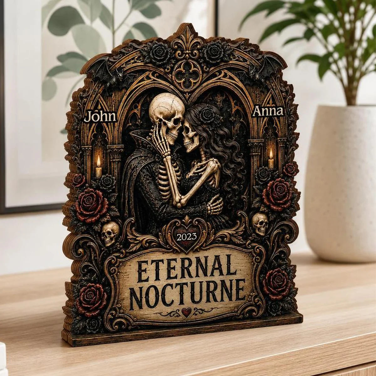 Eternal Nocturne Gothic Skeleton Couple - Personalized Wooden Block Gift