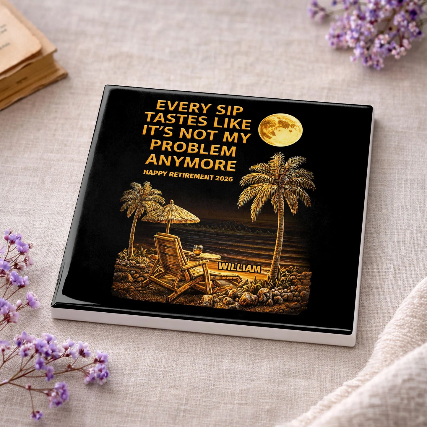Personalized retirement ceramic coaster with funny beach quote for retiring coworkers and friends image 8