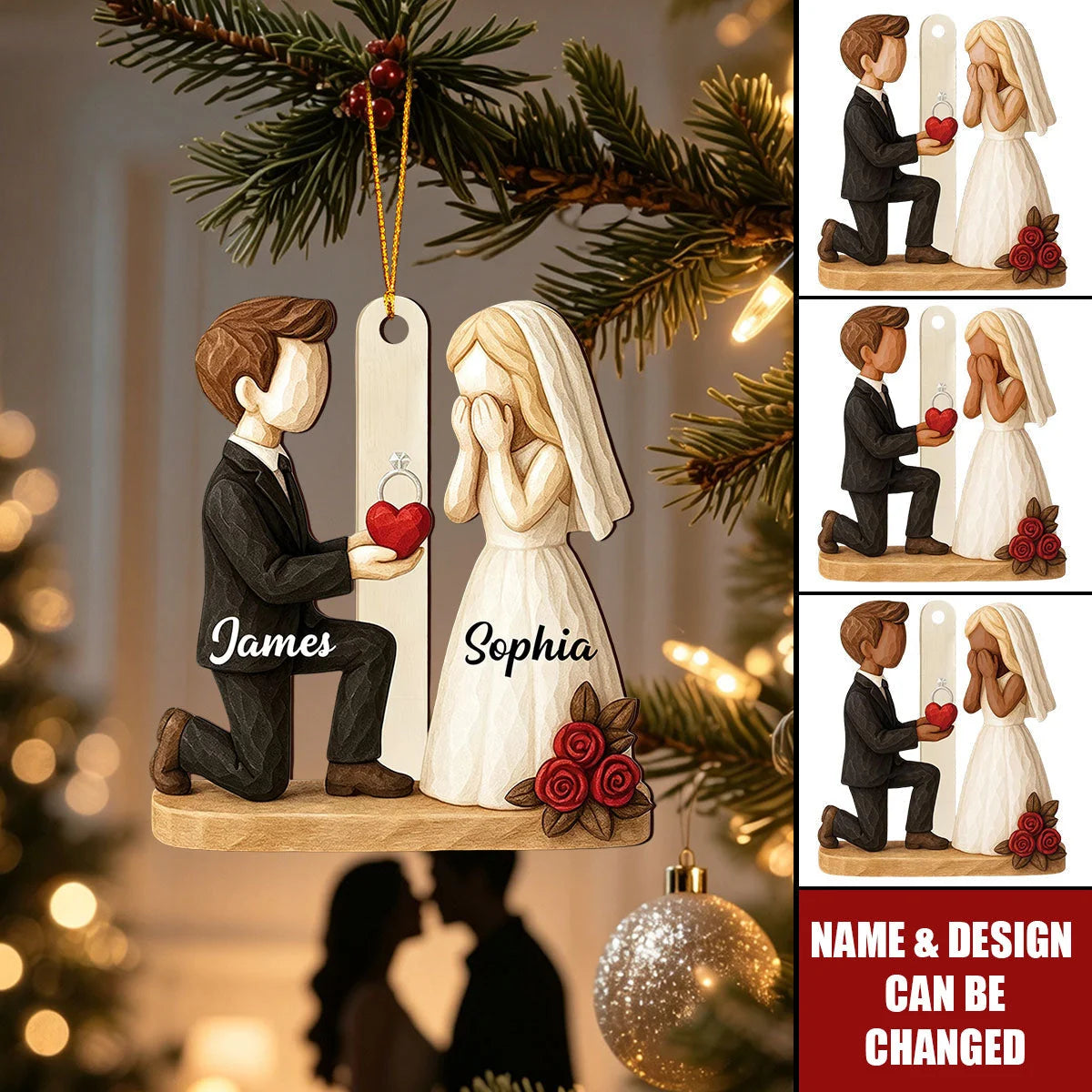 Personalized engagement ornament depicting a kneeling groom proposing to his bride, custom gift for couples