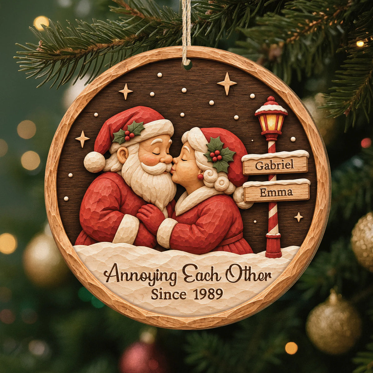 Growing Old Together Personalized Wooden Ornament - Custom Kissing Santa Couple Keepsake