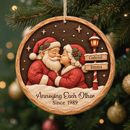 Growing Old Together Personalized Wooden Ornament - Custom Kissing Santa Couple Keepsake