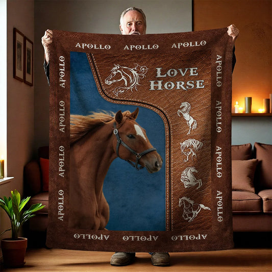 Love Horse Personalized Photo Blanket - Custom Equestrian Throw Gift for Horse Lovers