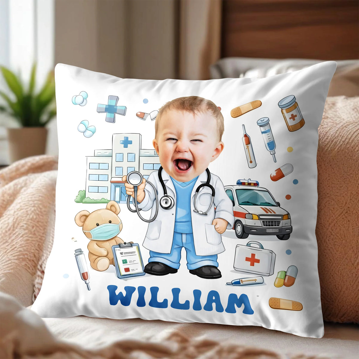 Custom Cute Baby Doctor with Medical Tools and Teddy Bear