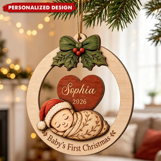 "Baby's First Christmas" Sleeping Baby Personalized Wooden Ornament - Custom Gift for New Parents