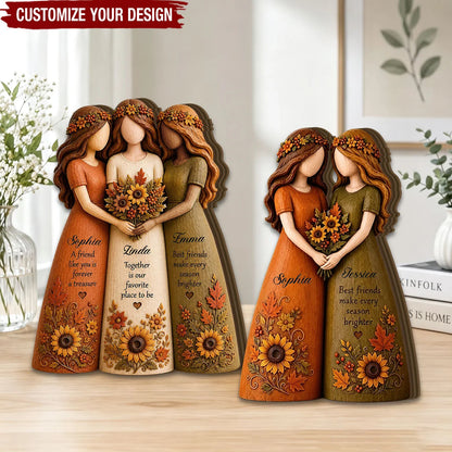 Side By Side Or Miles Apart Personalized Wooden Block - Custom Fall Bestie Keepsake Gift for Best Friends