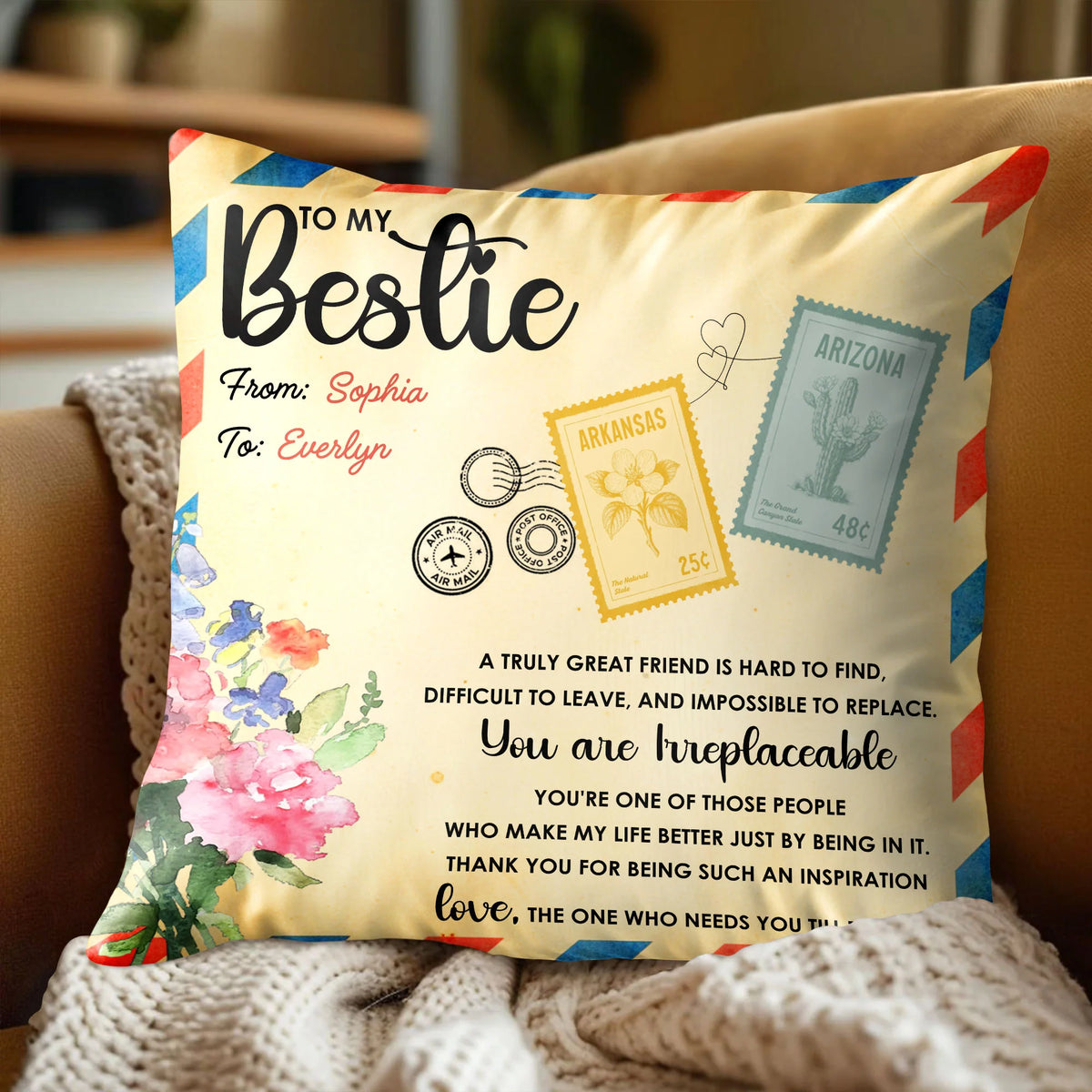 To My Bestie You Are Irreplaceable Personalized Pillow - Custom Long Distance Gift for BFF