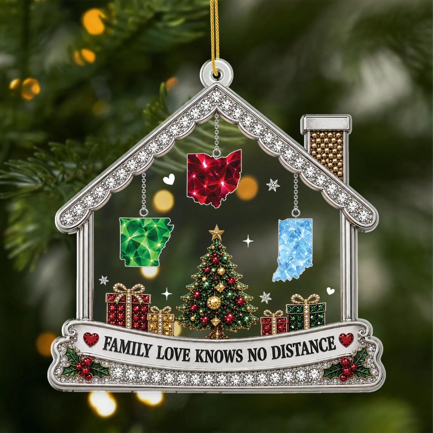"Family Love Knows No Distance" - Personalized State Map Acrylic Ornament