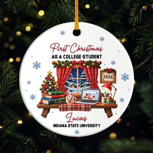 First Christmas as a College Student Personalized Ceramic Ornament - Custom Dorm Keepsake Gift for Students