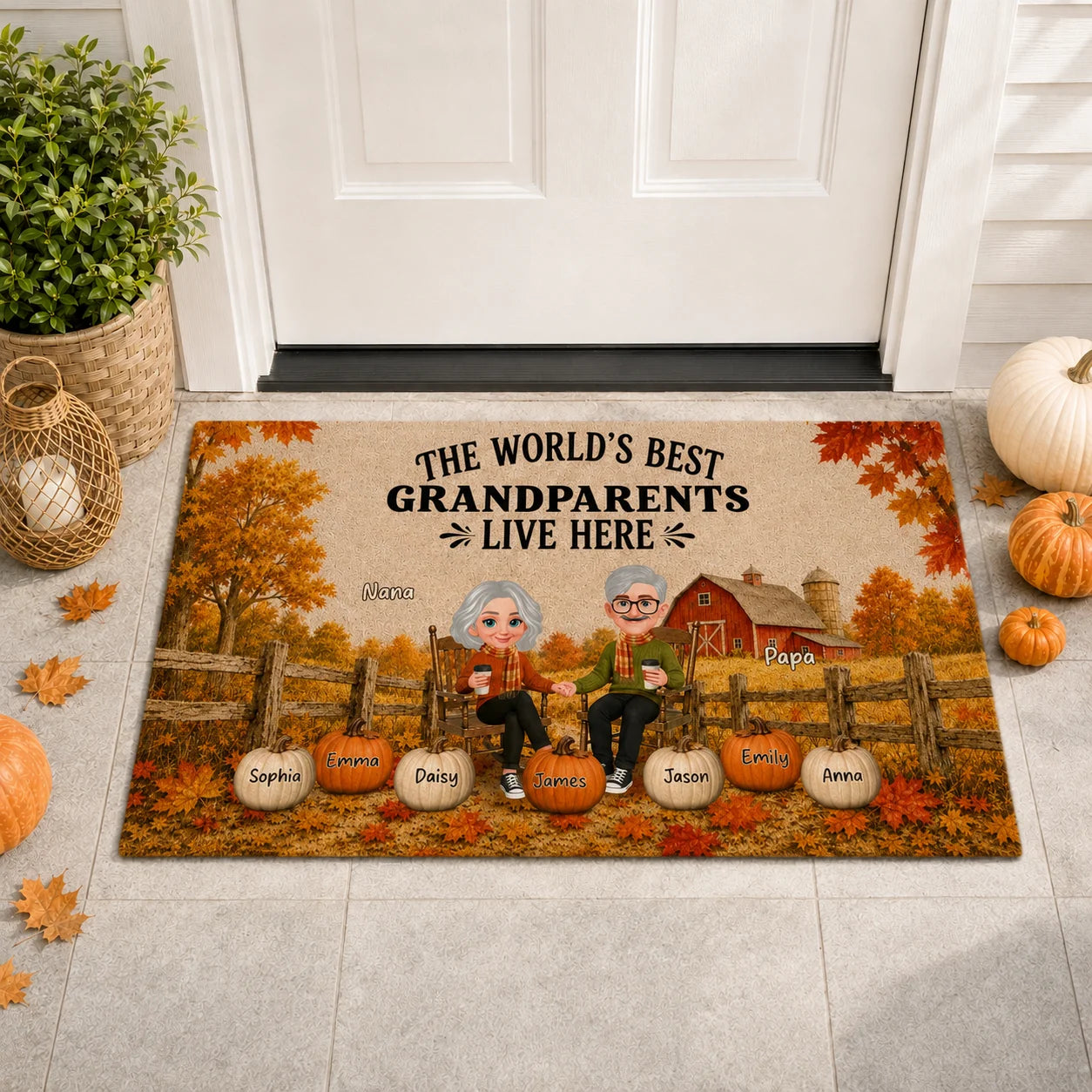 "The World's Best Grandparents Live Here" - Personalized Doormat for Grandma & Grandpa Fall Decor