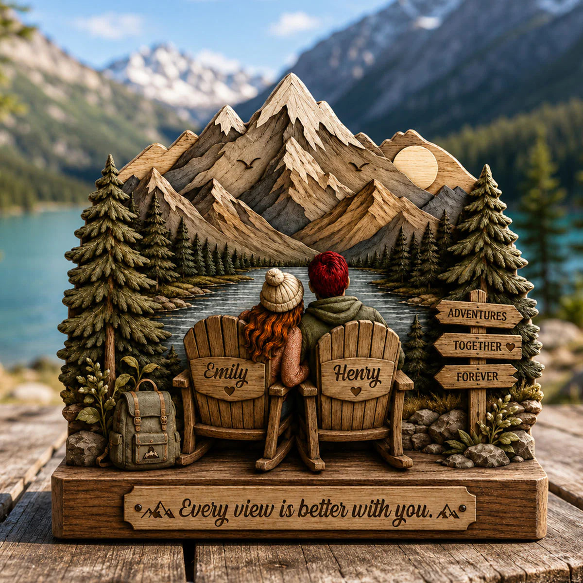 Wood Sign material and size view - Personalized Couple Mountain Wooden Block