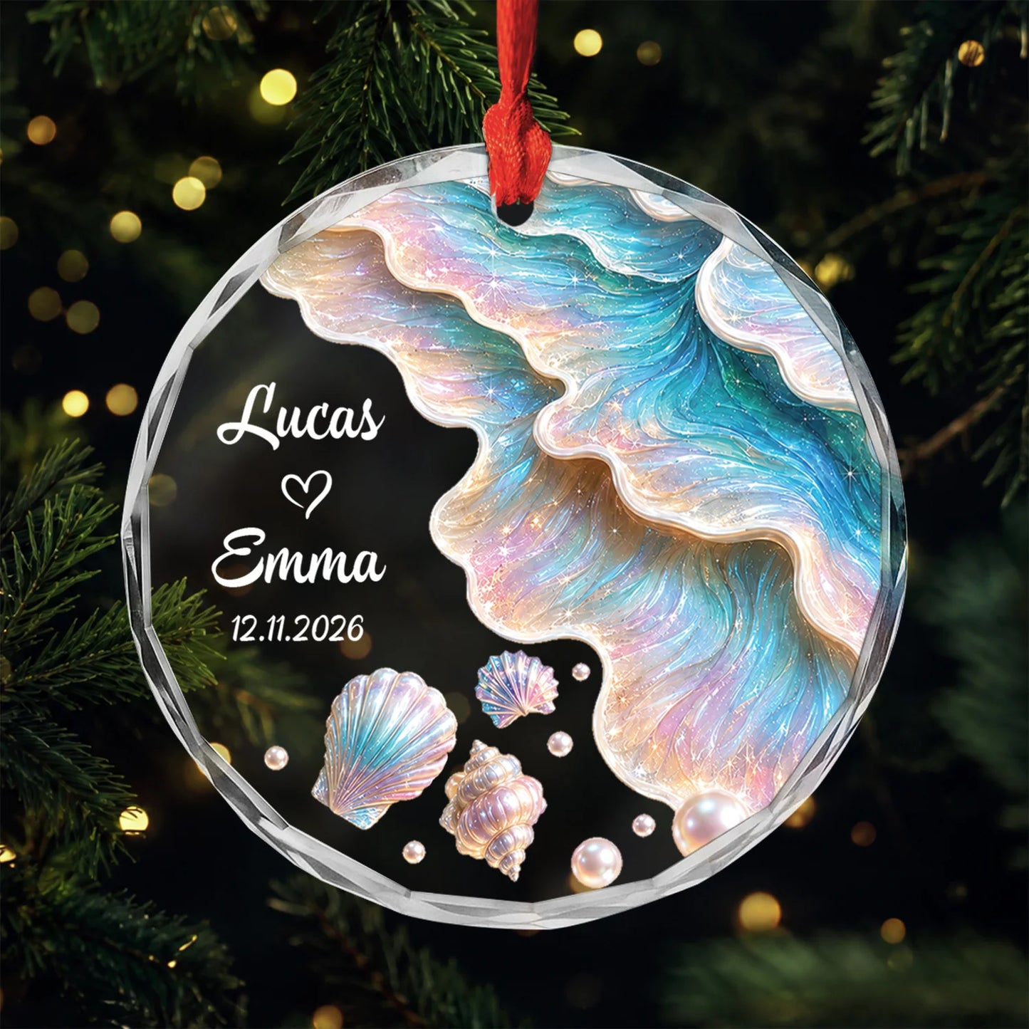 Pearl Seashell Custom Couple Glass Ornament - Personalized Names & Date Keepsake Gift