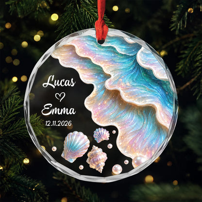 Pearl Seashell Custom Couple Glass Ornament - Personalized Names & Date Keepsake Gift