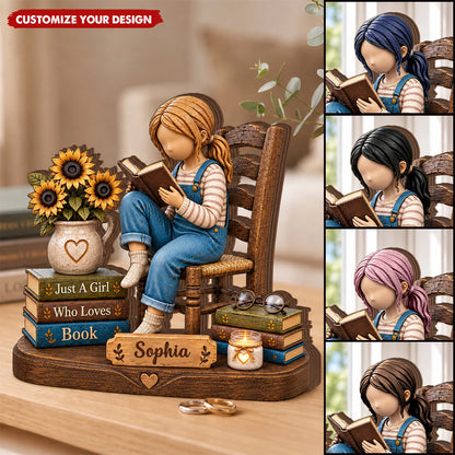 "Just A Girl Who Loves Books" Personalized Wooden Block - Custom Name Reading Gift for Book Lovers