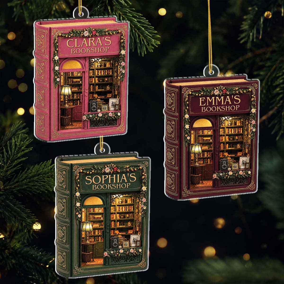 Vintage Bookshop Personalized Book Lovers Acrylic Ornament - Custom Christmas Keepsake Gift for Readers