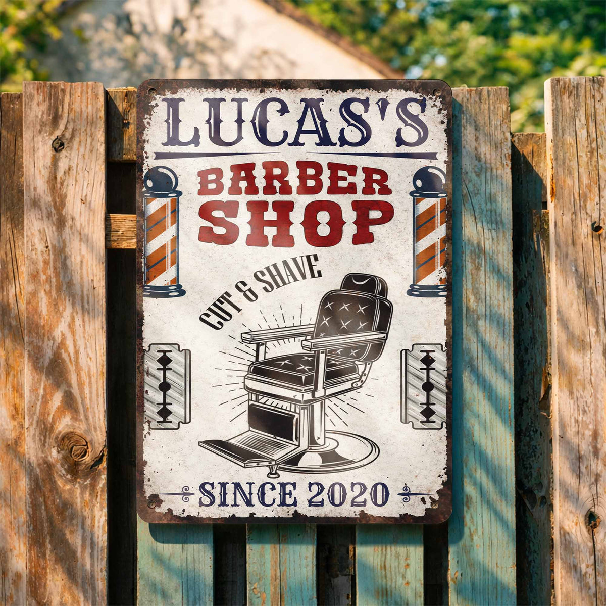 Custom Barber Shop Cut & Shave Metal Sign - Personalized Barber Chair Wall Decor for Men