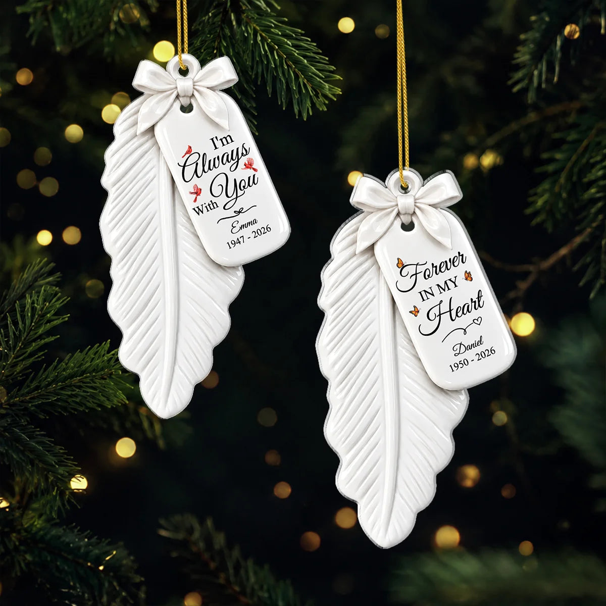 Forever in My Heart Personalized Memorial Feather Ornament - Custom Remembrance Sympathy Gift for Family