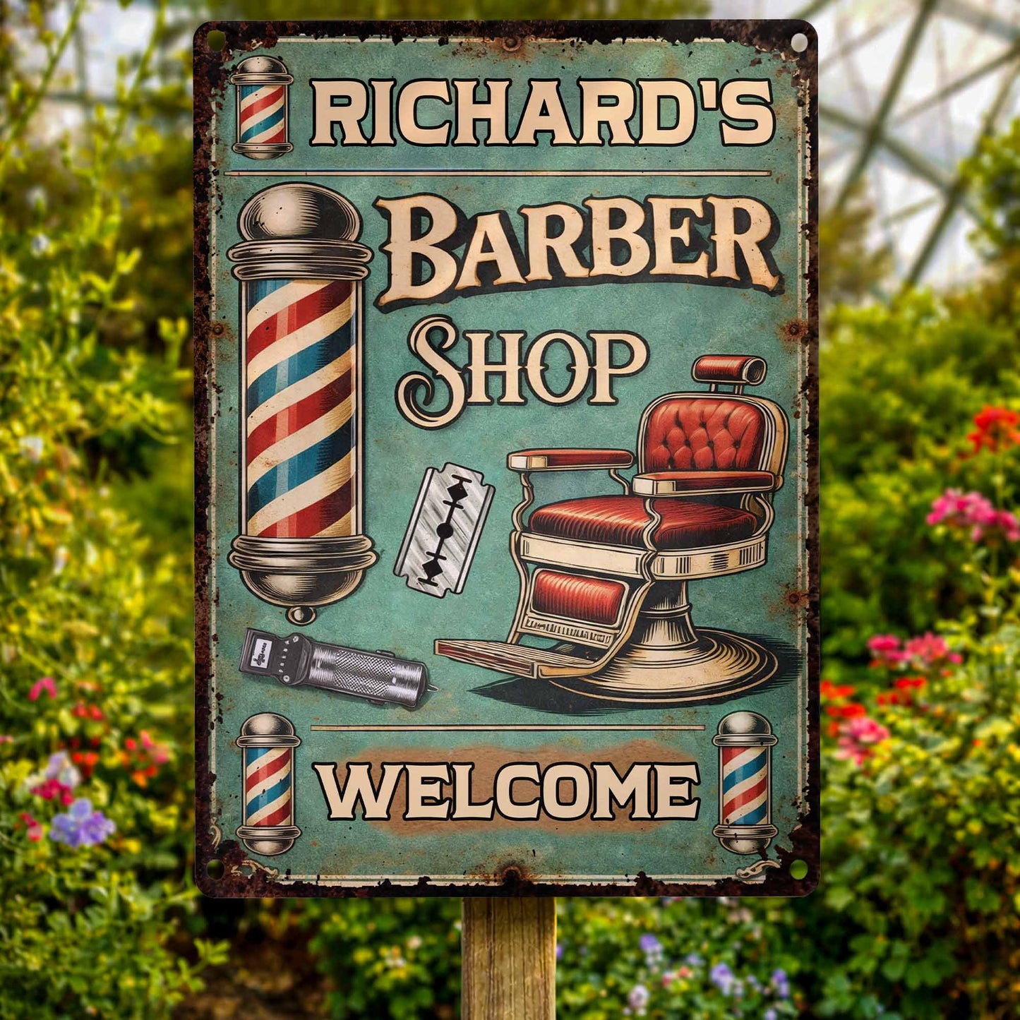 Custom barber shop metal sign with vintage barber chair and pole design for professional salon wall decor image 6