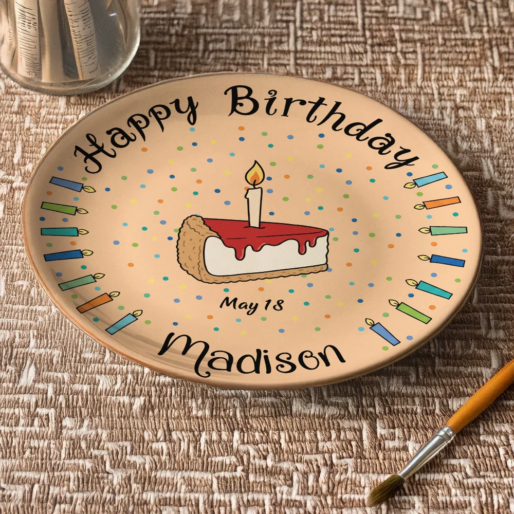Happy Birthday Cake & Candles Personalized Birthday Ceramic Plate - Custom Name Keepsake Display Gift
