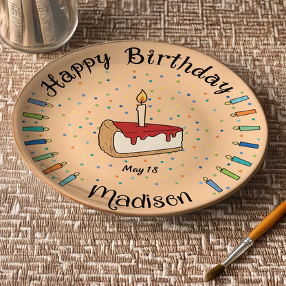 Happy Birthday Cake & Candles Personalized Birthday Ceramic Plate - Custom Name Keepsake Display Gift