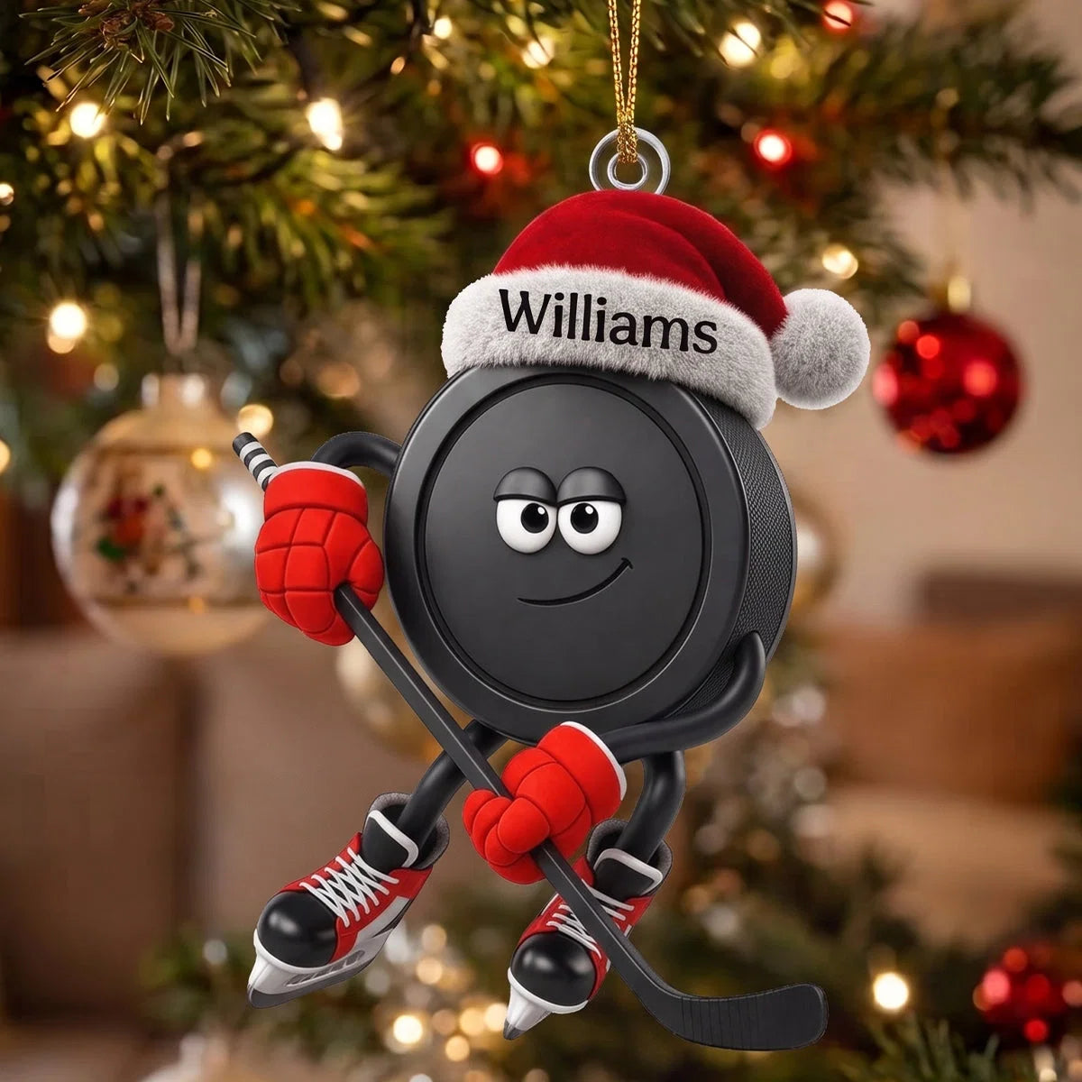 Custom Sly Santa Hockey Puck Acrylic Ornament - Personalized Sports Keepsake Gift for Hockey Players