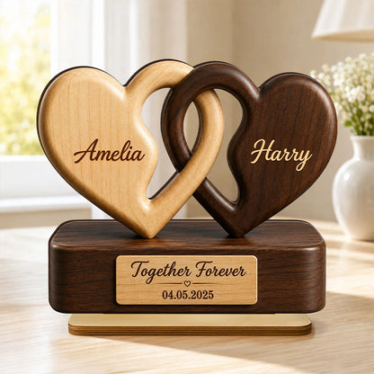 "Together Forever" Interlocking Hearts Personalized Wooden Plaque - Custom Couple Gift for Anniversary