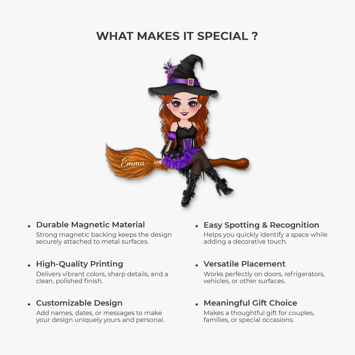 Custom Halloween Witch Acrylic Magnet - Personalized Cute Chibi Witch Name Fridge Magnet