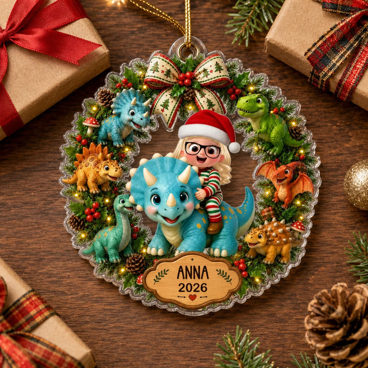 Cute Dinosaur Wreath Personalized Acrylic Ornament - Custom Christmas Keepsake Gift for Kids