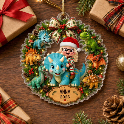 Cute Dinosaur Wreath Personalized Acrylic Ornament - Custom Christmas Keepsake Gift for Kids