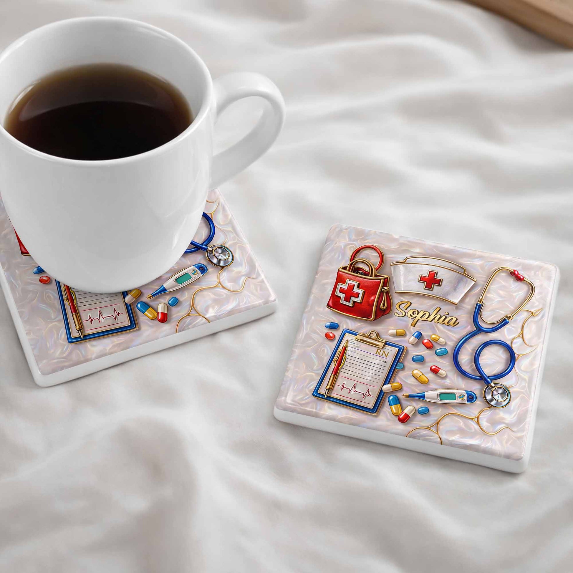 Personalized nurse ceramic coaster with custom name, stethoscope, and medical icons for RN graduation gift image 7