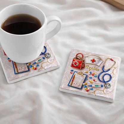 Personalized nurse ceramic coaster with custom name, stethoscope, and medical icons for RN graduation gift image 7