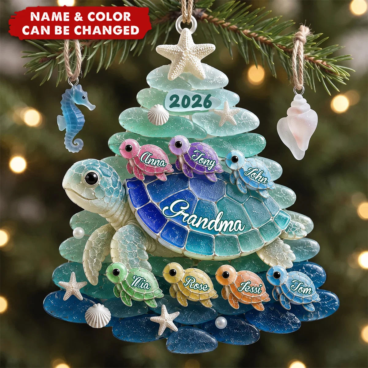 Personalized Turtle Grandma Acrylic Ornament - Custom Sea Turtle Family Christmas Keepsake