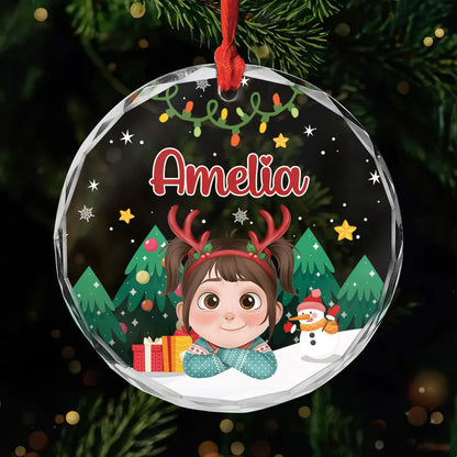 Custom Name Glass Christmas Ornament - Kids Personalized Cute Cartoon Holiday Gift