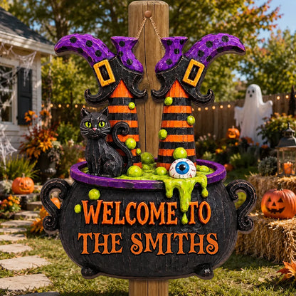 Welcome Witch Legs & Black Cat Personalized Halloween Wood Sign - Custom Family Front Door Decor
