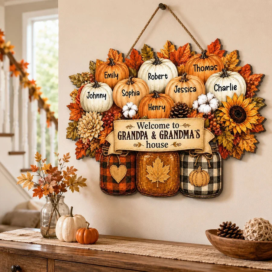 "Welcome To Grandpa & Grandma's House" Personalized Fall Wood Sign - Custom Gift for Grandparents